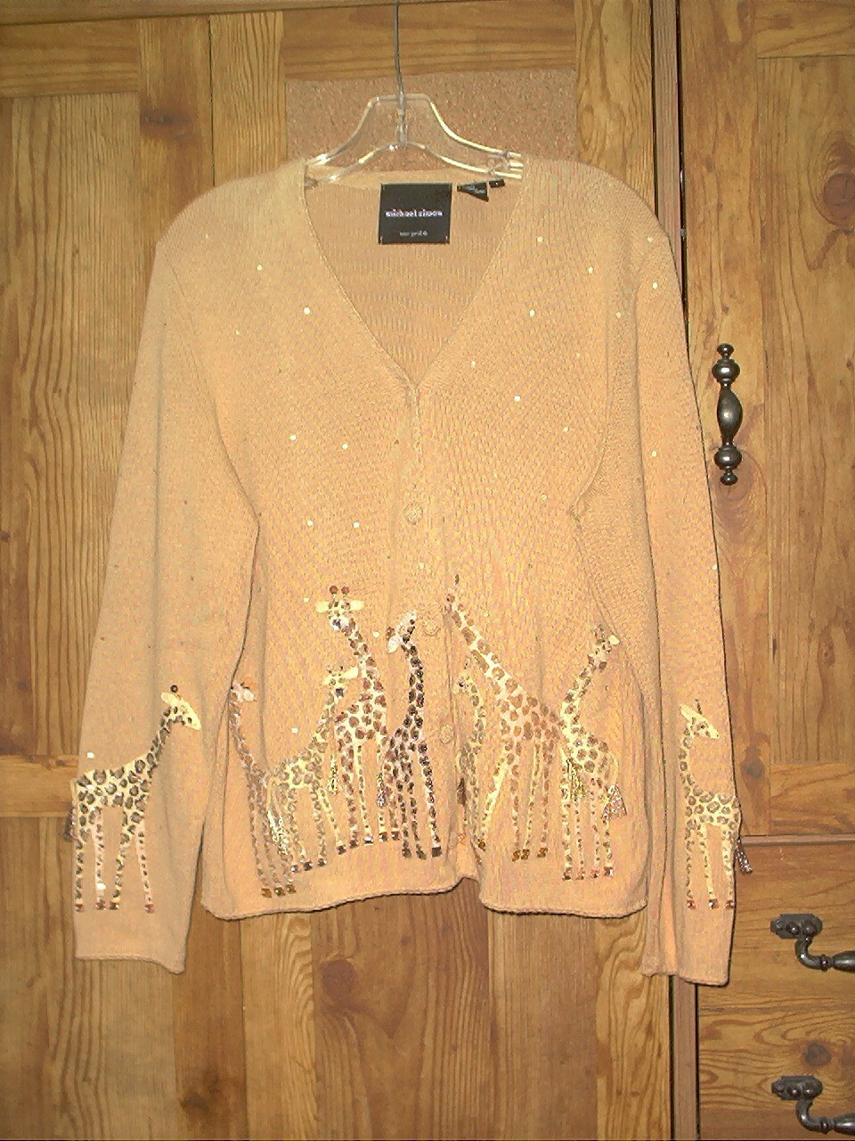 Vintage MICHAEL SIMON Women’s Large Cardigan Sweater Tan w/Sequins Giraffes