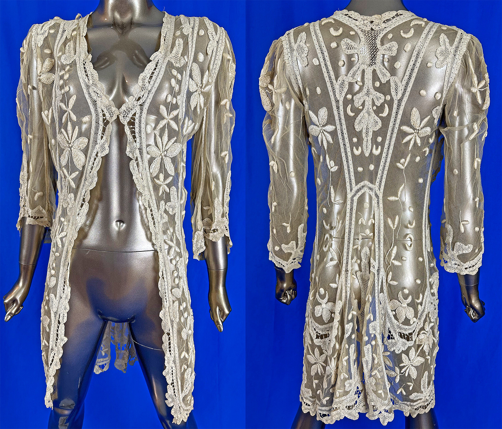 Vintage Edwardian Embroidered Ivory Net Battenberg Tape Lace Cutaway Coat Jacket