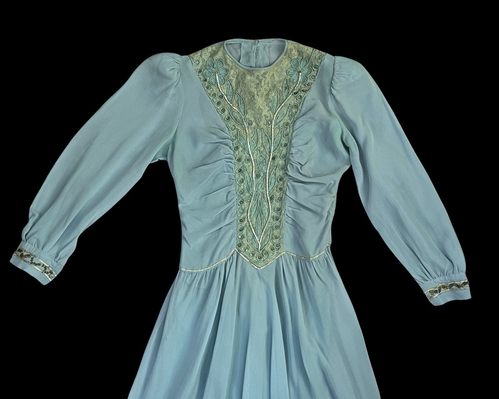 1940s Soft Blue Rayon Crepe and Lace Sequin embellished Strong Shoulder | XXS