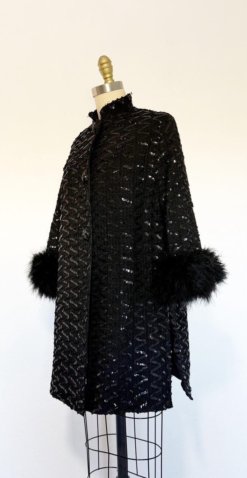 1960s Sequin Coat / Black Sequin Coat / Feather Trim Coat / Size Large