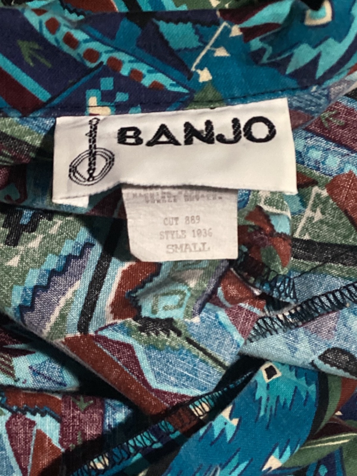 Vintage 90s Banjo Dallas Texas Womens Sz Small Western Shirt Aztec Aqua Blue