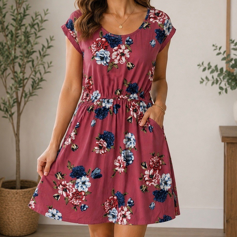 Pink Rose Vintage Floral Dress Medium Mauve Pink Boho Pocket Fit & Flare Rayon