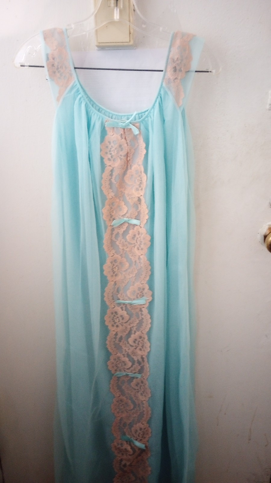 Vintage Avian LINGERIE Nylon Chiffon Nightgown Aqua Lace Sz. Large New Exquisite