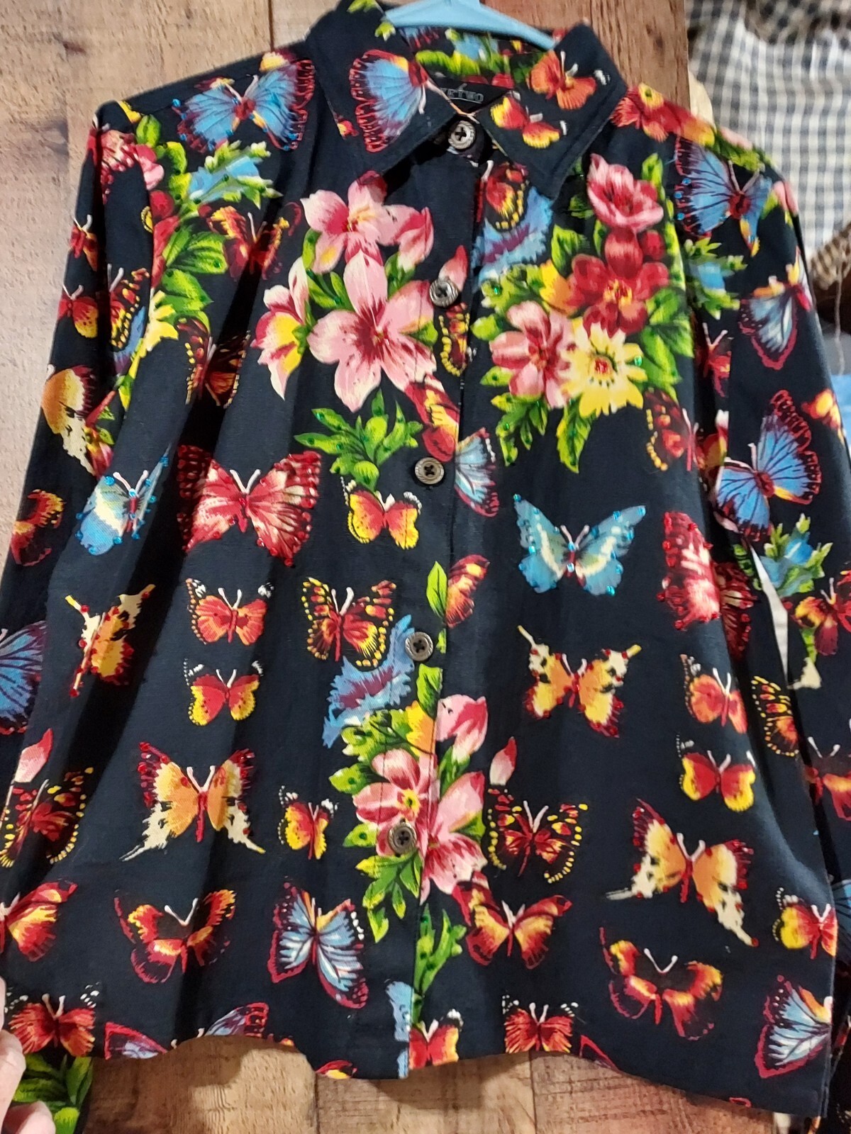 Vintage Take Two Cotton Black Canvas floral butterflys sequin jacket size small