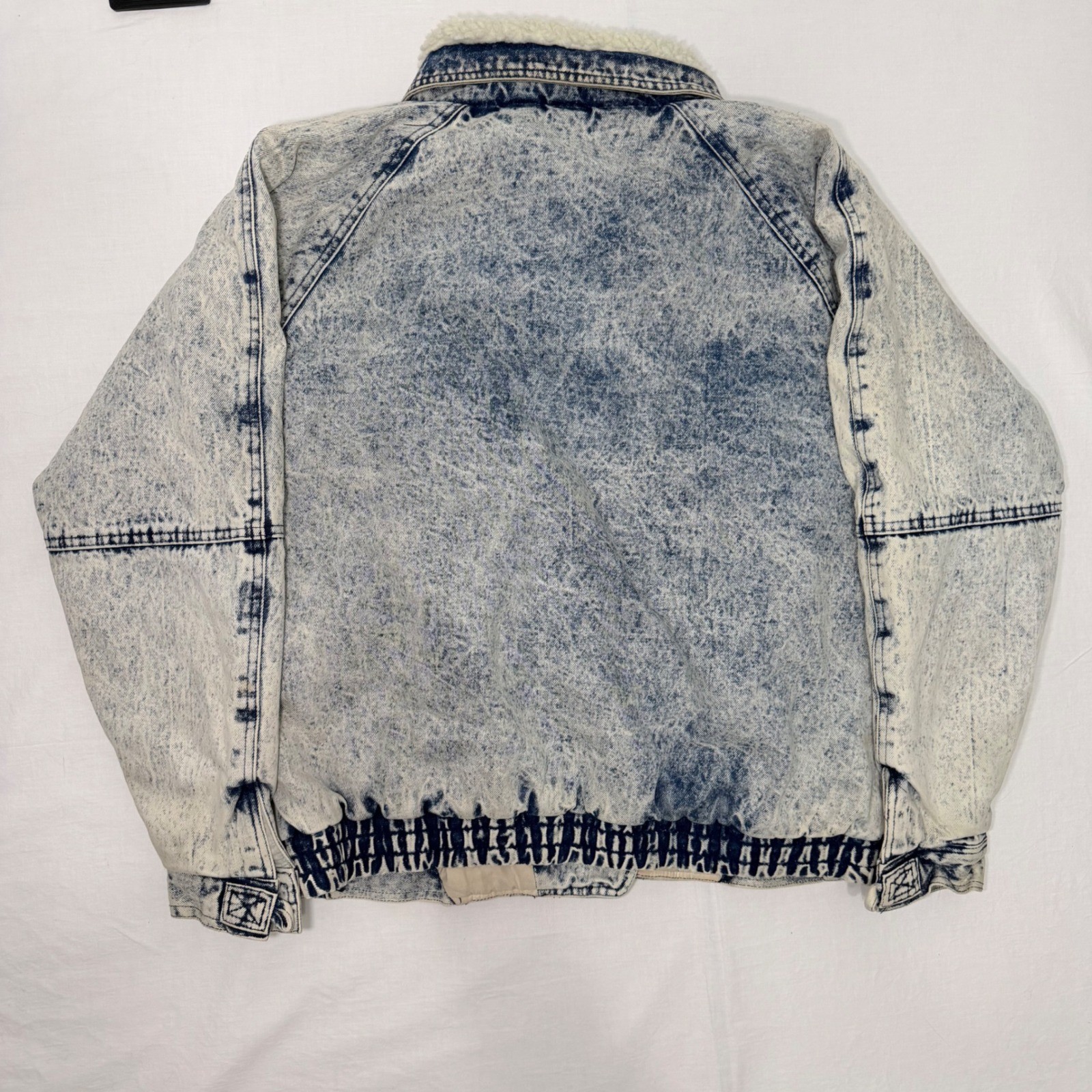 Vintage 80s Fabriano Acid Wash Denim Sherpa Bomber Jacket Womens L Cropped 90s