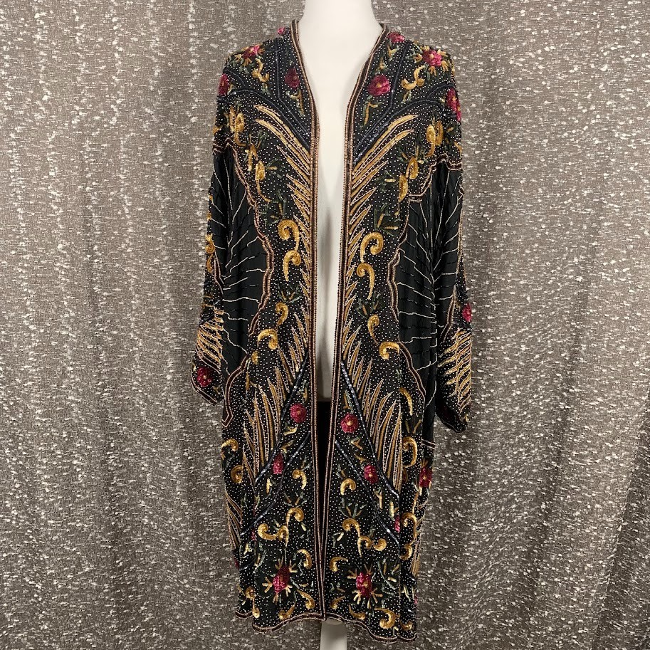 VTG Judith Ann Creations Bead Sequin Silk Jacket Kimono 80s Opera Coat Duster, S