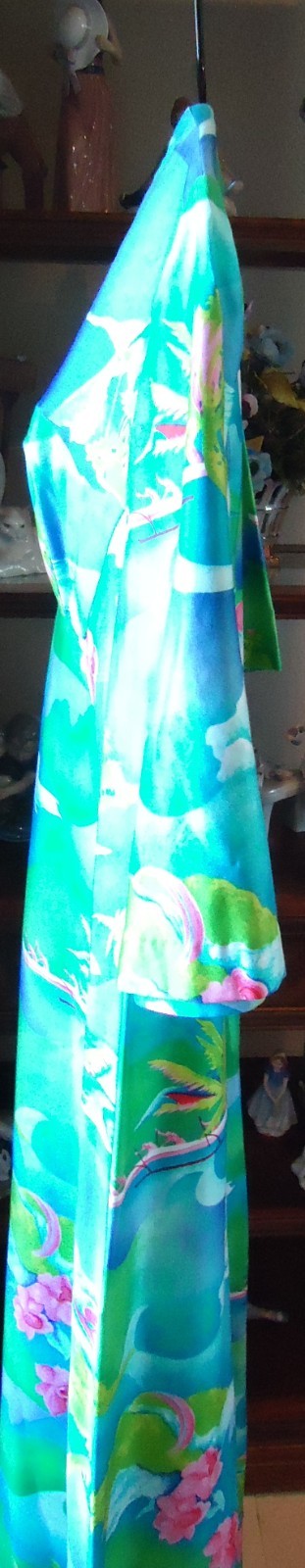 NOS Vtg 70s Hawaiian Polished Cotton Maxi Hostess Dress 32 ua Blues Surf Unworn