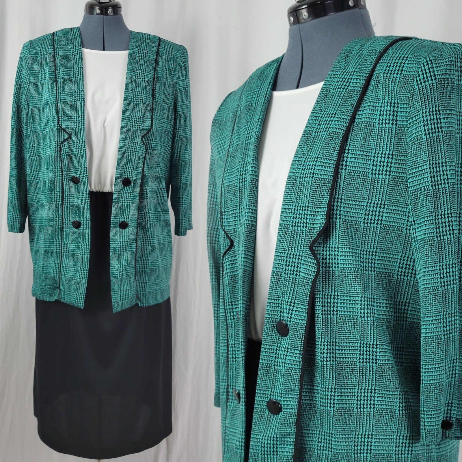 Vtg Whirlaway 2pc Black & White Dress w Green Houndstooth Jacket Size 16WP