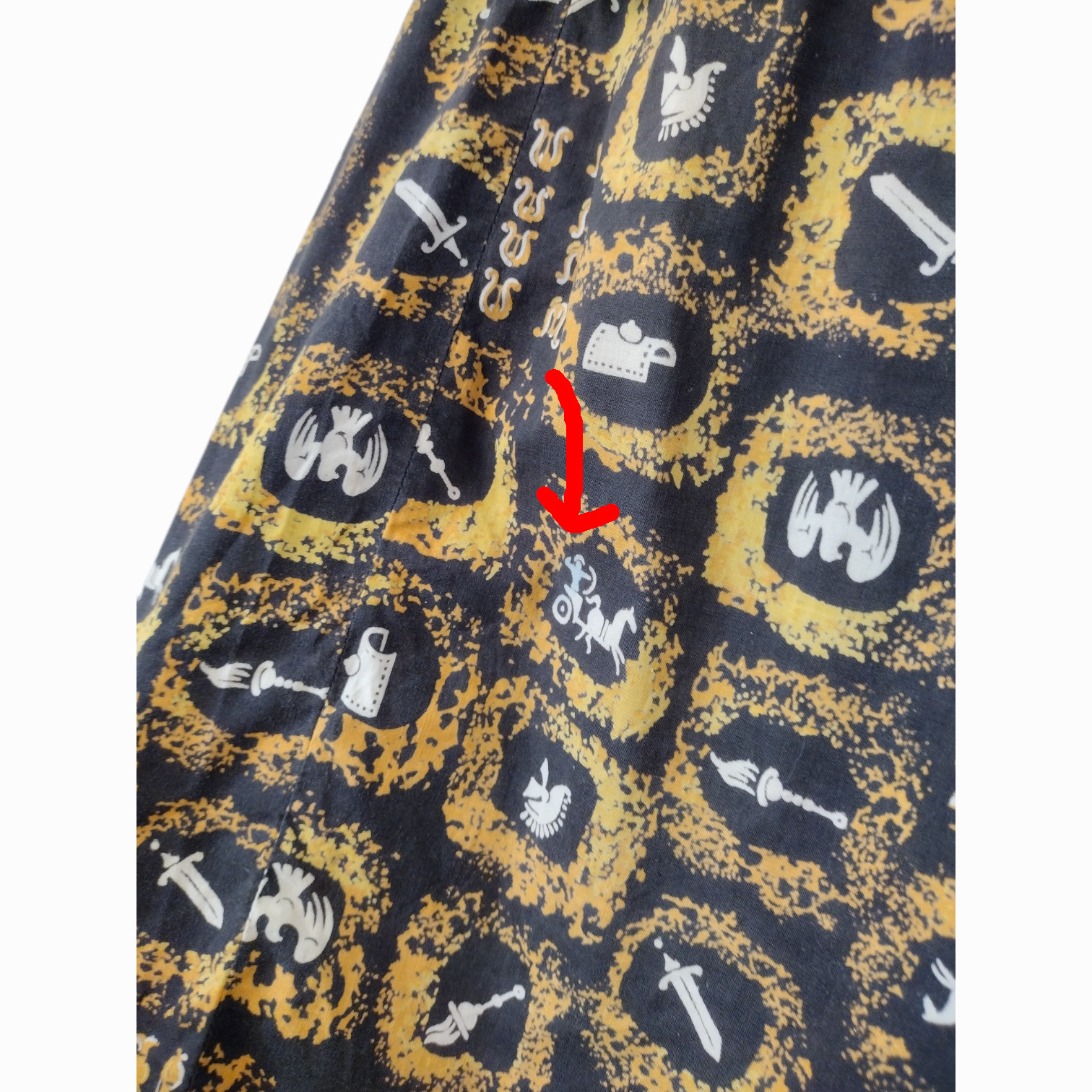 Vintage 1950s Black and Yellow Spartan Warrior Novelty Print Midi A Line Dress