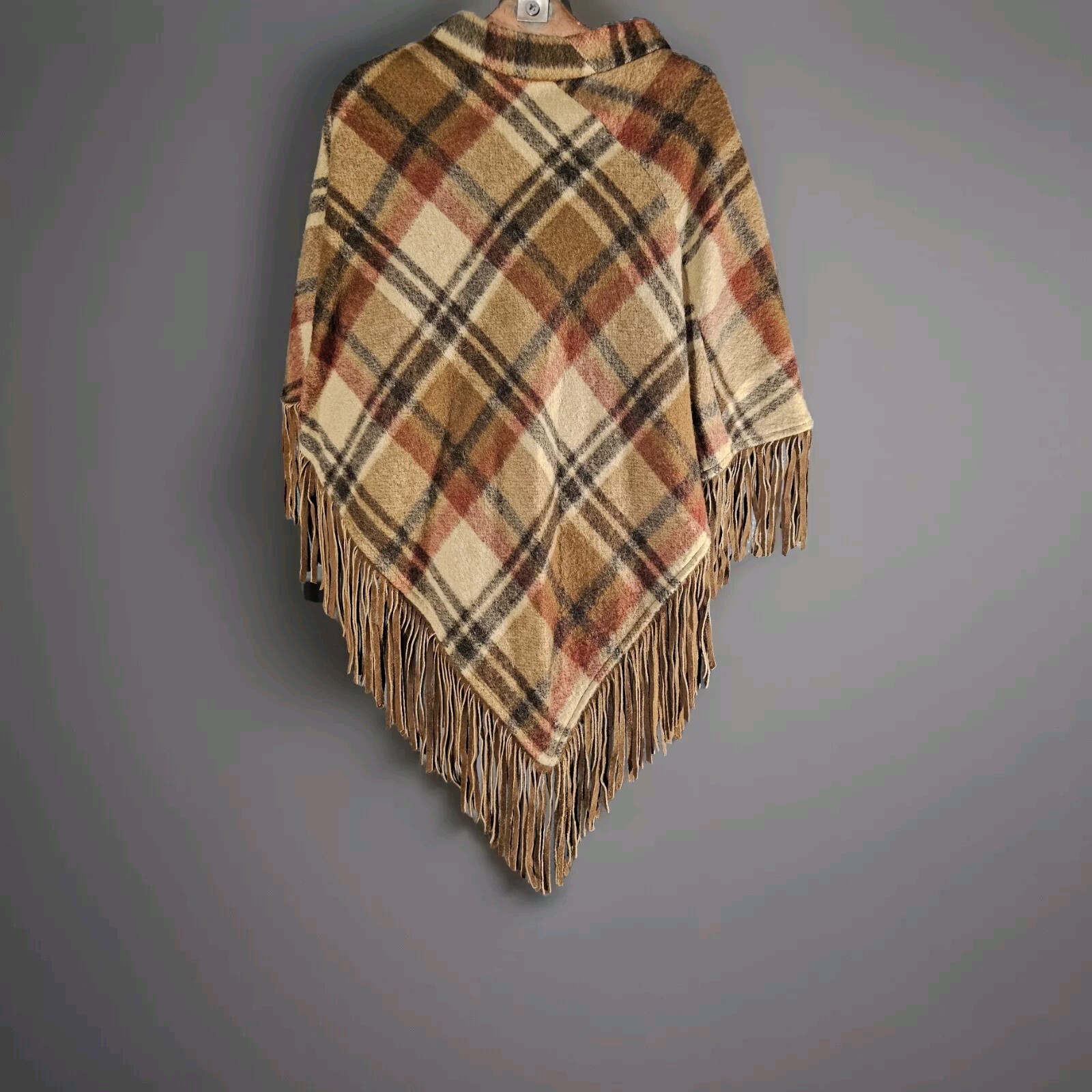 VTG Iconic 1970s Pioneer Wear Plaid Wool & Leather Womens Cape, One Size