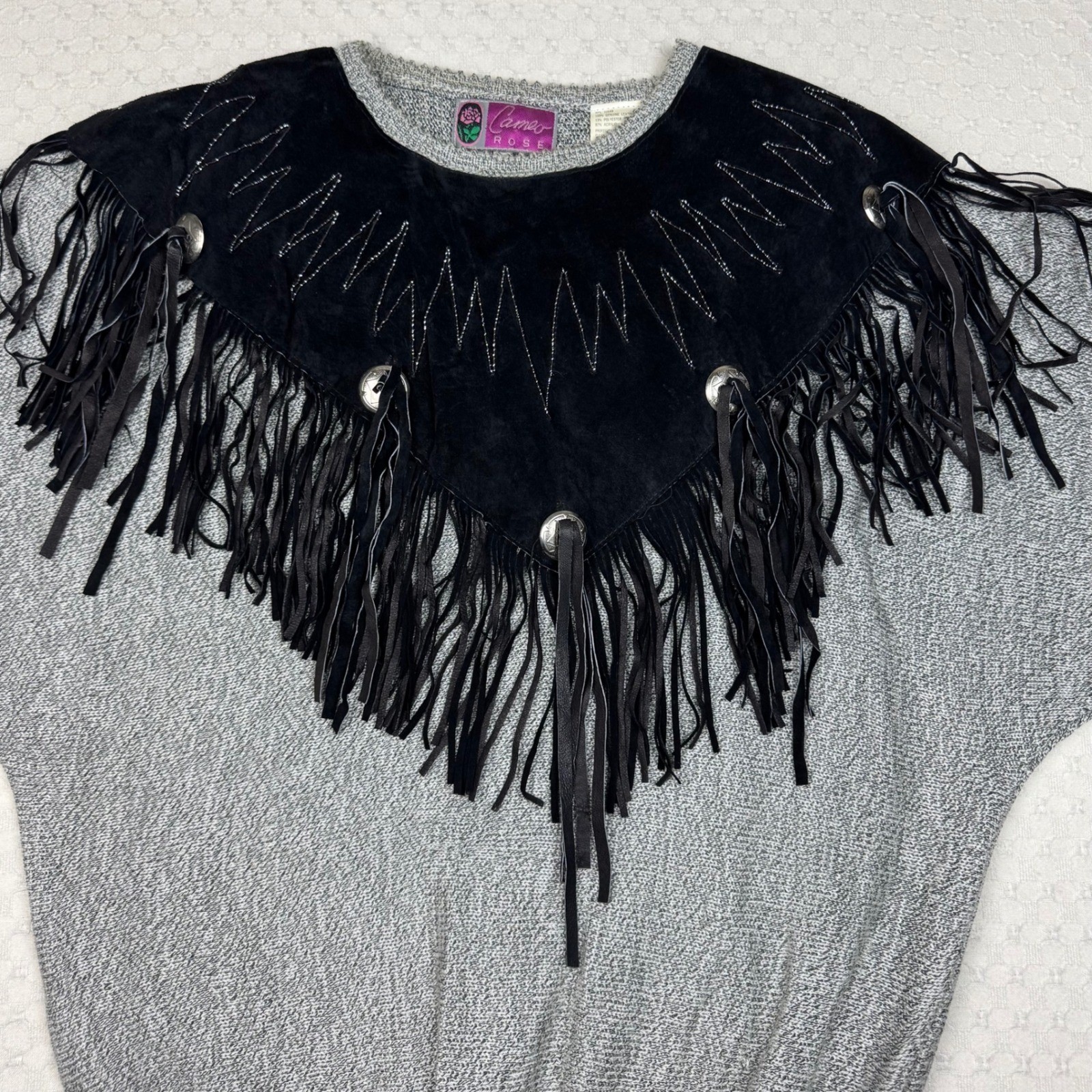 Vintage Western Leather Fringe Knit Sweater Cameo Rose Women L Concho Boho Rodeo
