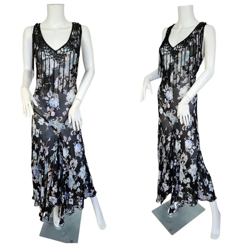 Temptations 1990 Black Rayon Gauze Floral Bias Cut Dress XL Piano Shawl Fringe