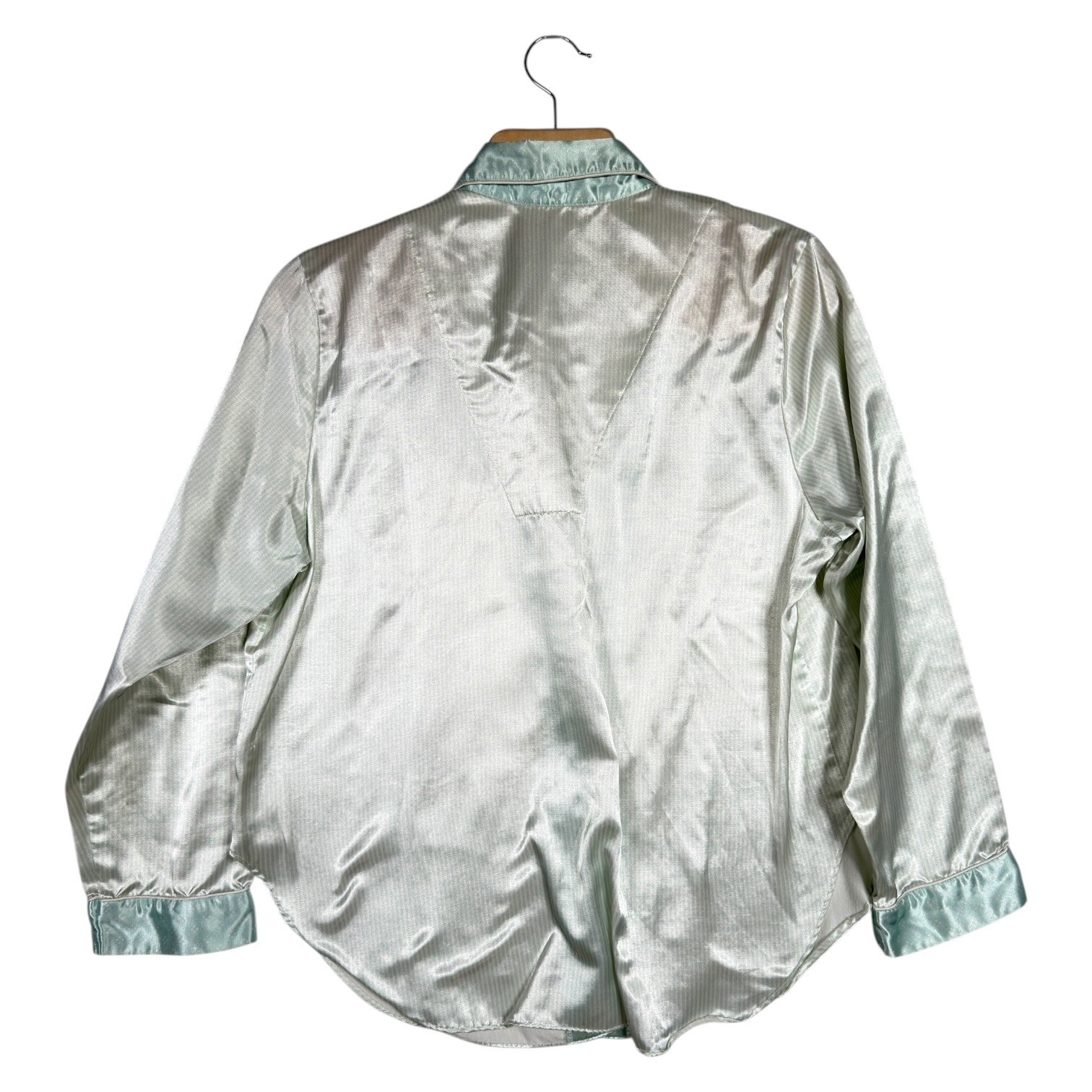 Womens Mint Satin Pajama Set Medium 2 Piece Button Front Sleepwear Lounge