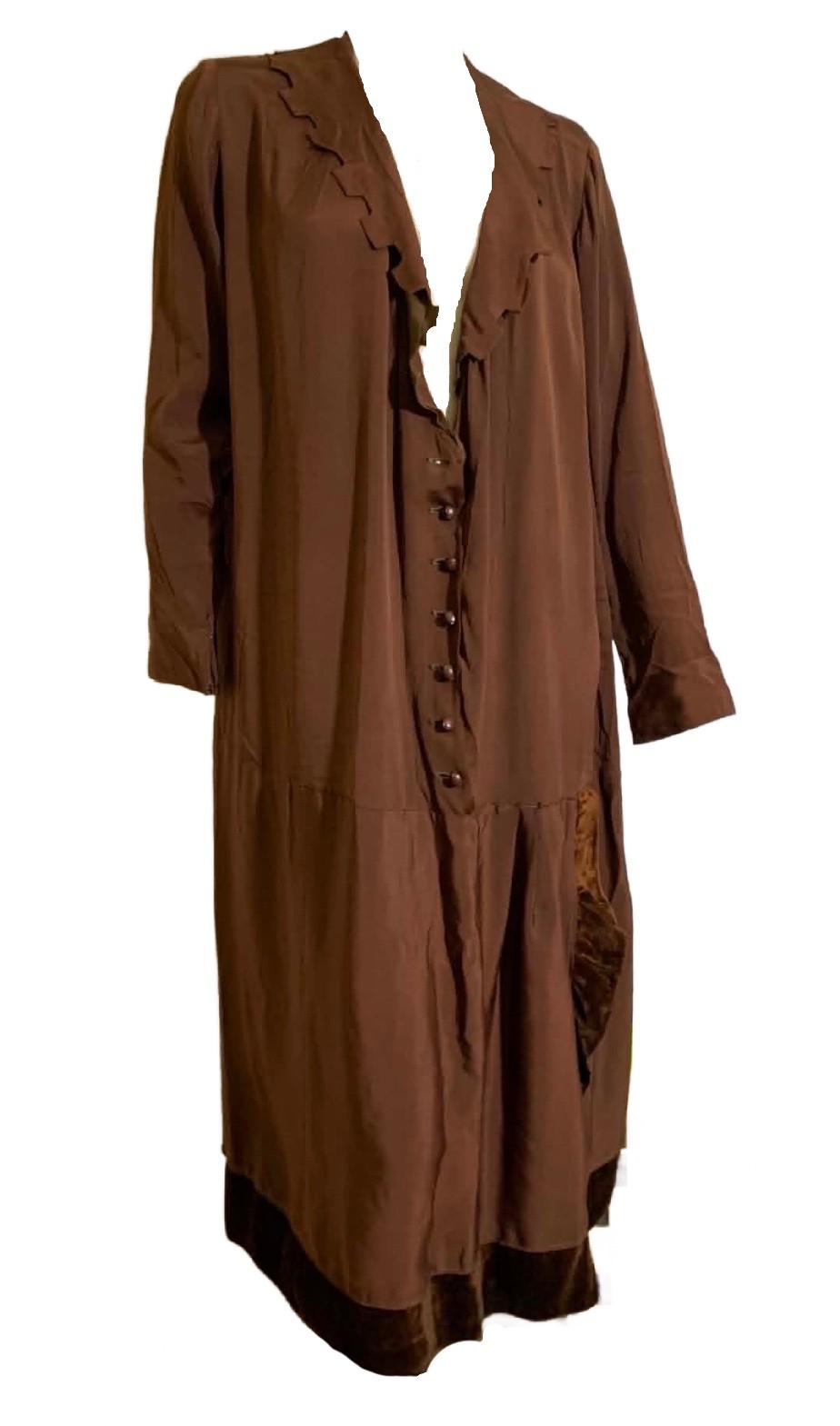 True Vintage 1920s Cinnamon Silk Dress Velvet Trim As Is L