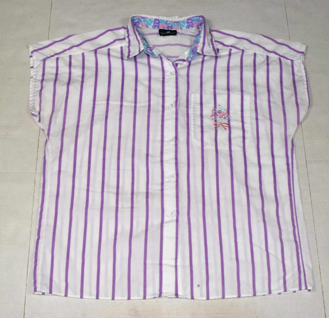 Vintage Blouse Cabin Creek Size M 80s Purple Stripe Embroidered Pocket Made USA