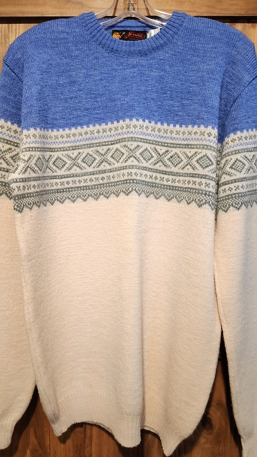 Vintage Jersild 60s Nordic Blue Fair Isle Sweater Womens XL Wool Blend Knit Ski