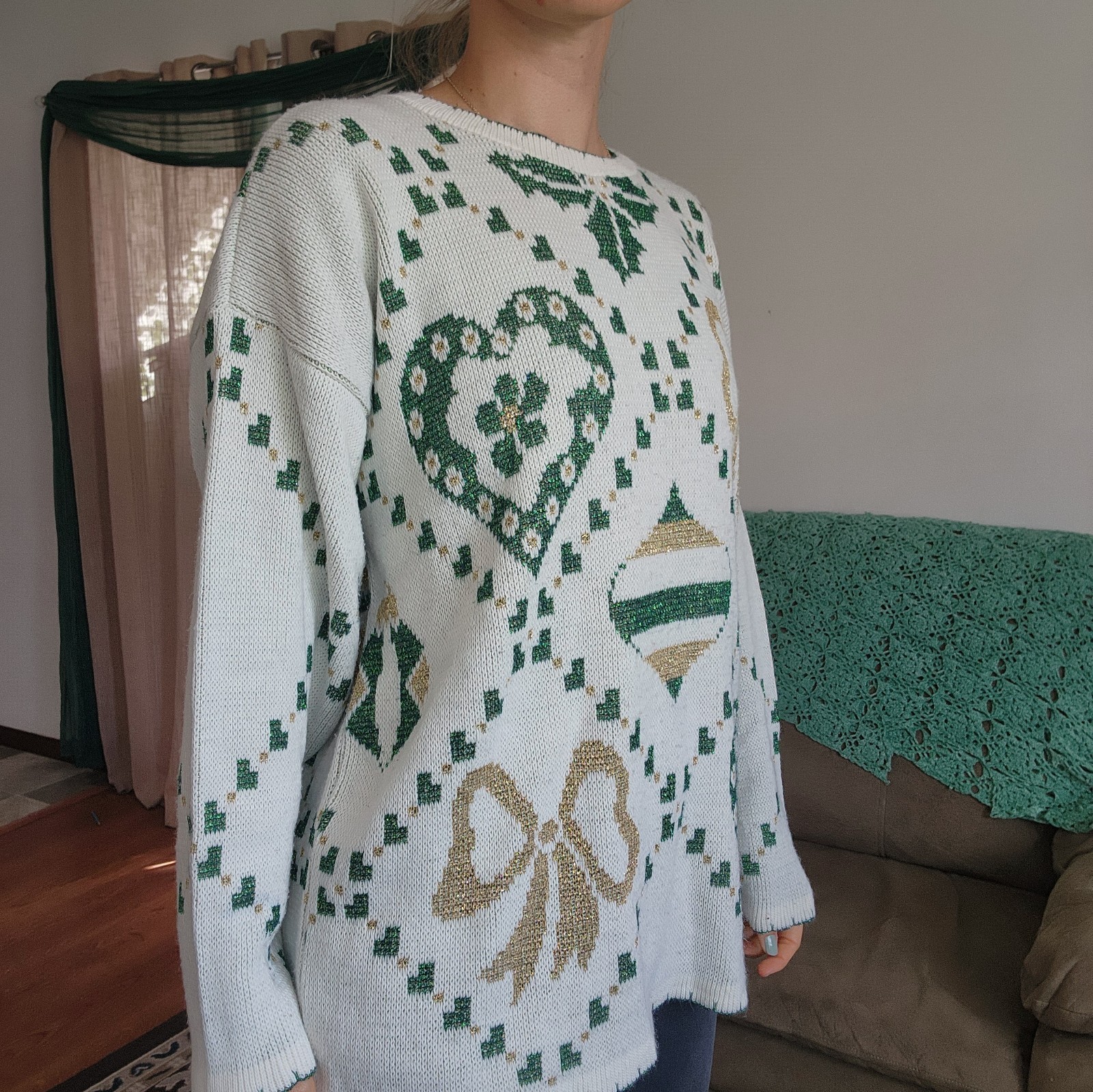 Vintage Holiday Time Graphic Sweater With Bows Size Large