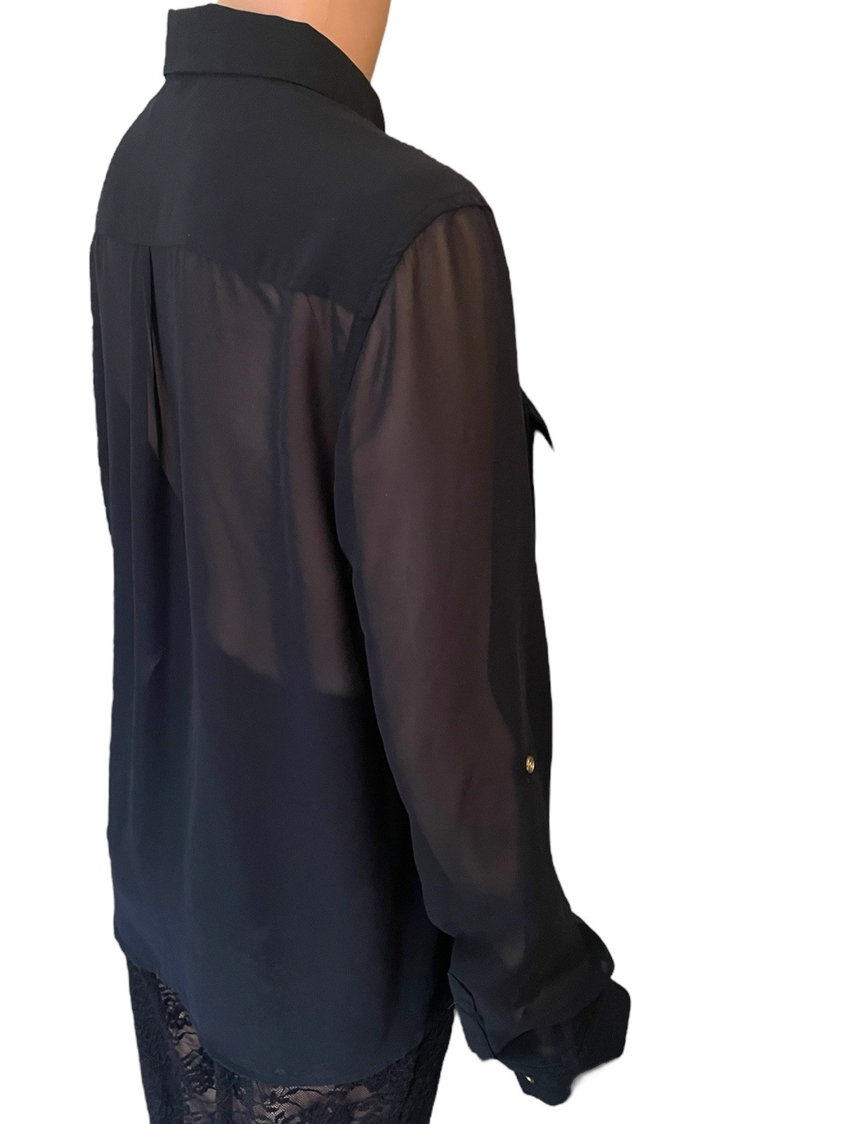 Black Sheer Chiffon Shirt LS Vintage Y2K Ted Lapidus France Designer Corp Goth L