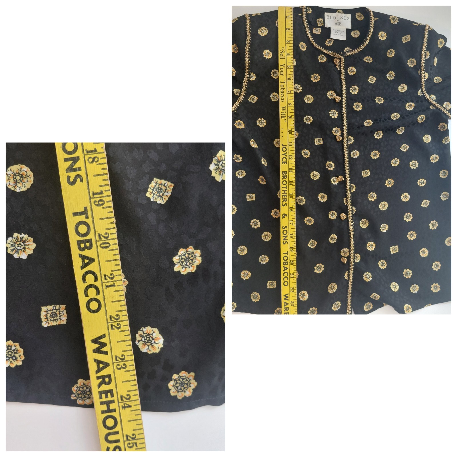 VTG Maggy London Brocade Blouse 4 Black Gold Jacquard Fleur-de-lis Coquette…