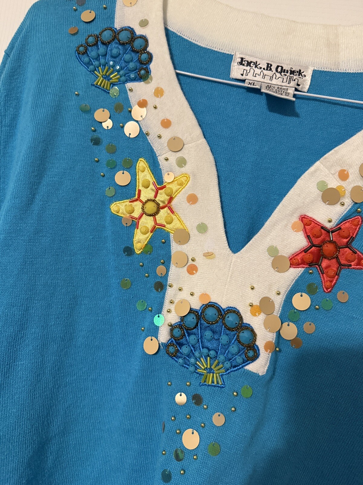 Vintage Jack B Quick Sweater Sea Theme Shell Starfish Top XL Sequin Tacky Mom