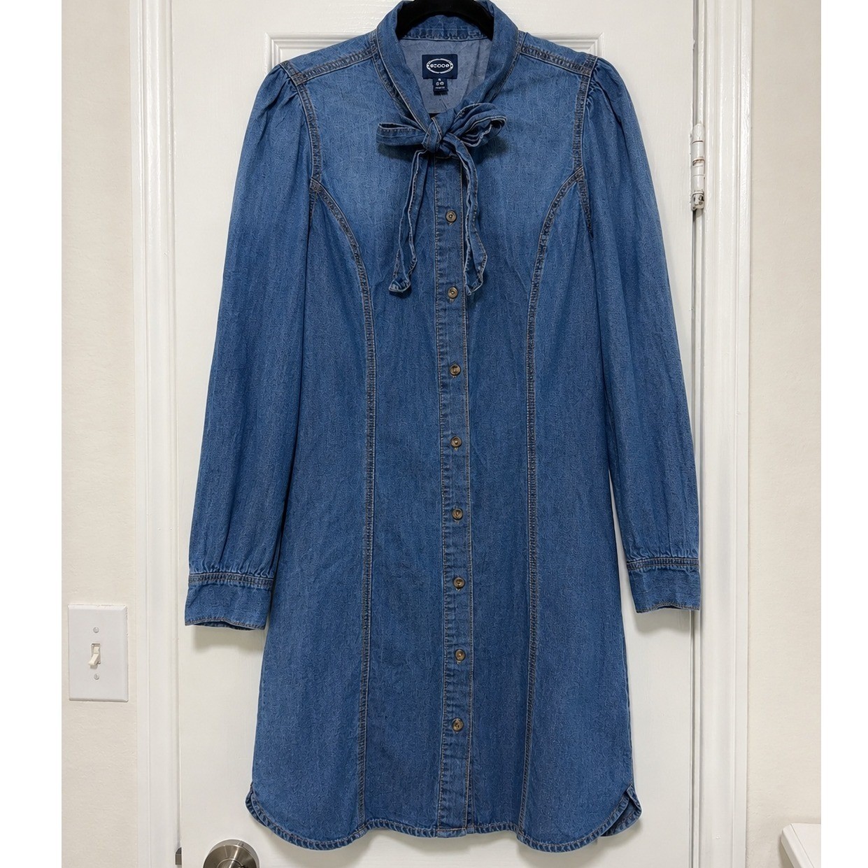 Scoop Denim Chambray Bow Tie Neck Button Front Shirt Dress Blue M 8-10