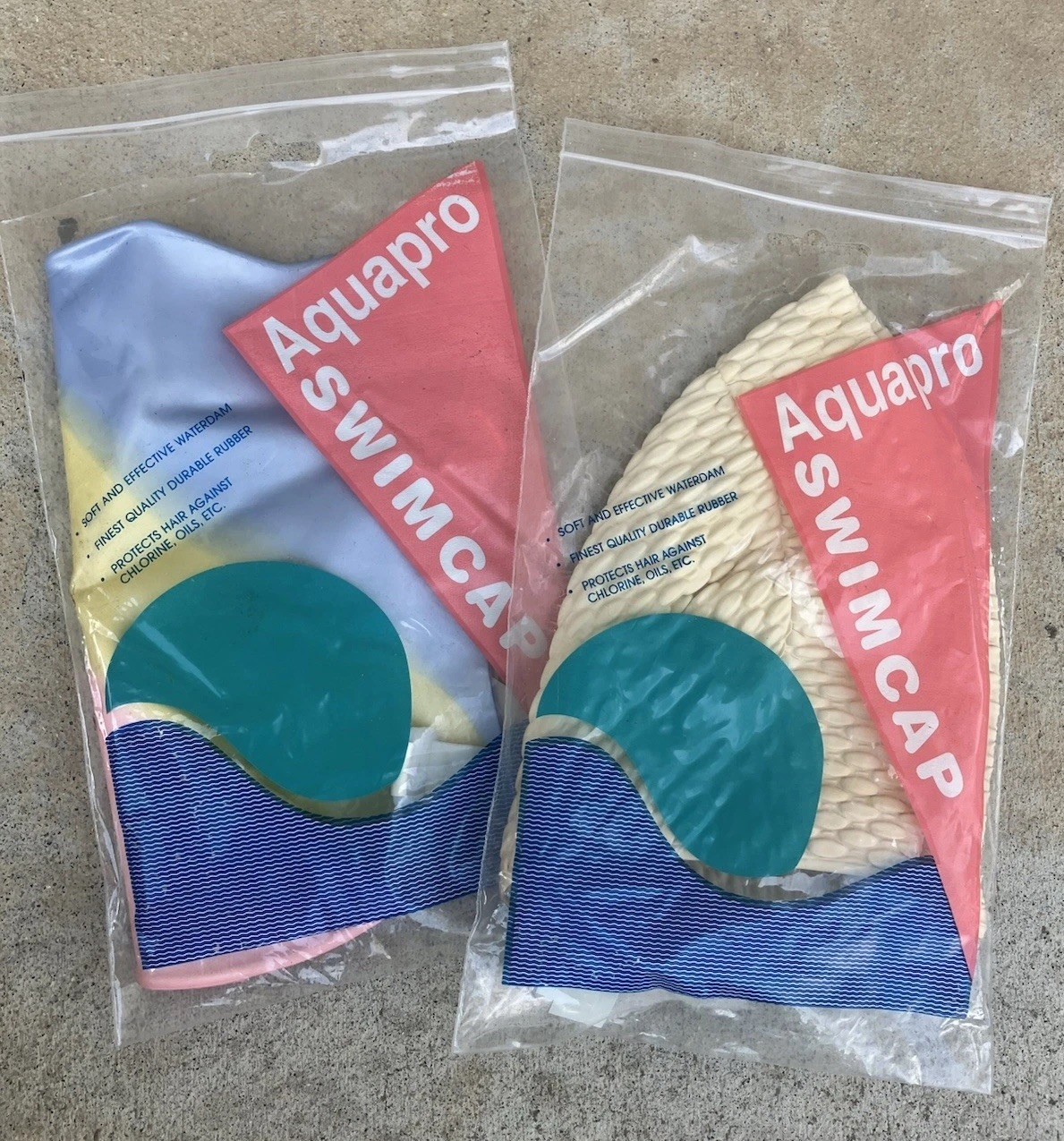 2 Vintage Swim Bathing Caps Aquapro Rubber Cream Textured/Pastel Rainbow MCM