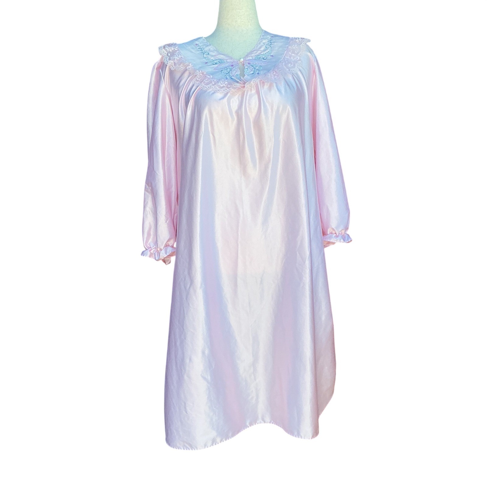 Sears Cachet Nightgown Women L Pink Butterfly Lace Satin Vintage 80s Sleepwear