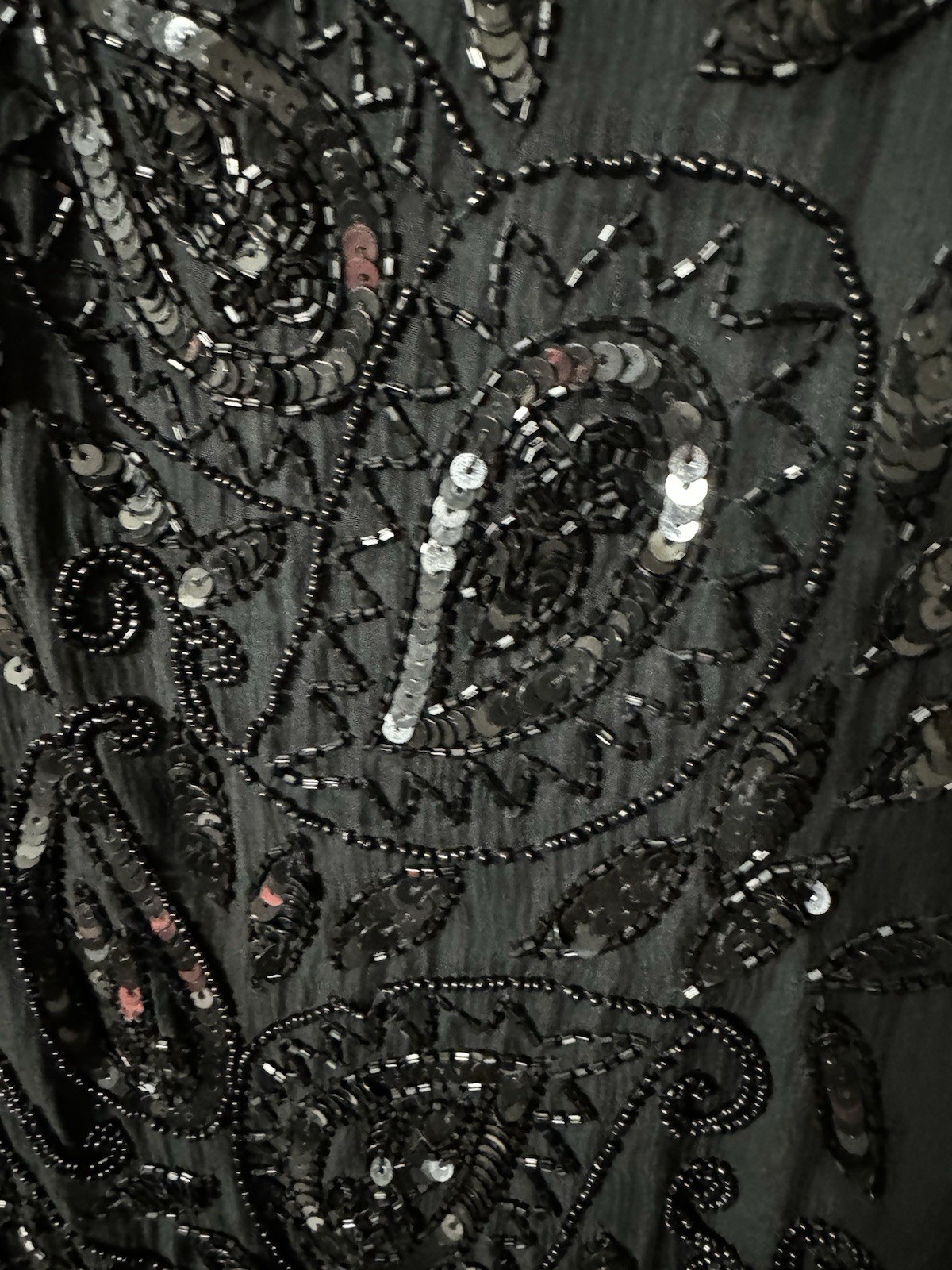 Mid 1990’s Black Tan Chho Sequinned & Beaded Dress with Fringe 2X BUST 44-48”