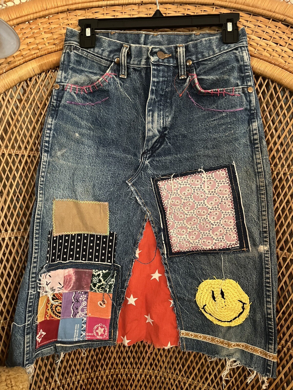 Vintage Wrangler Denim Skirt Custom Upcycled Hippy Boho 70s Style