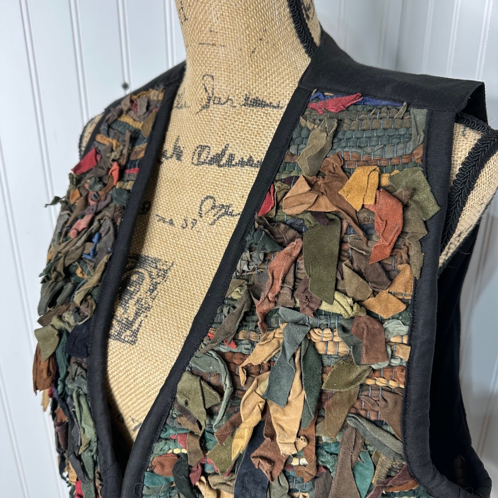 Vtg Exceptional Leather Scrap Vest Multicolor Black Boho Artwear Rag Rug Sz L