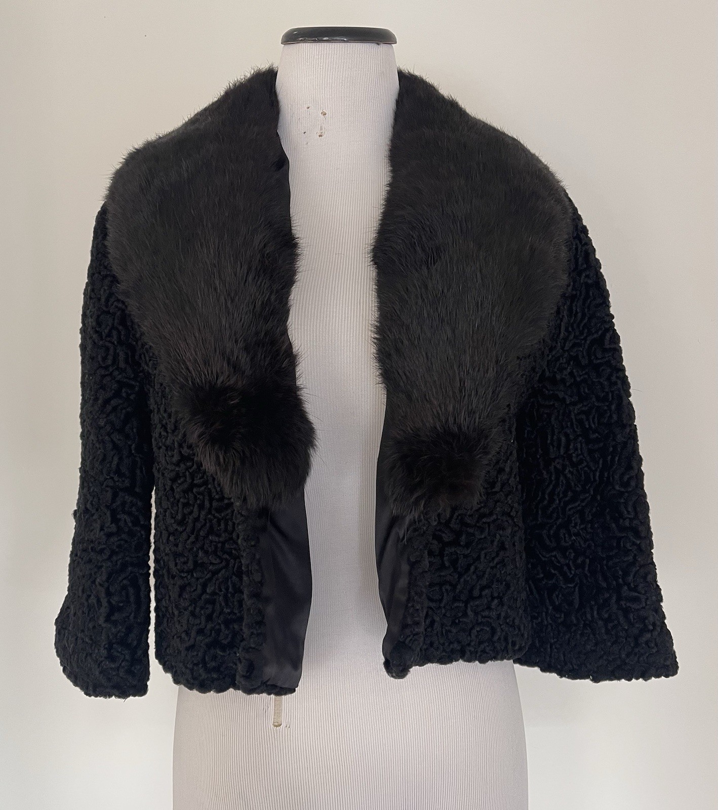 Vintage Black Persian Lamb Curly Wool Short Jacket Fur Collar 3/4 Sleeves