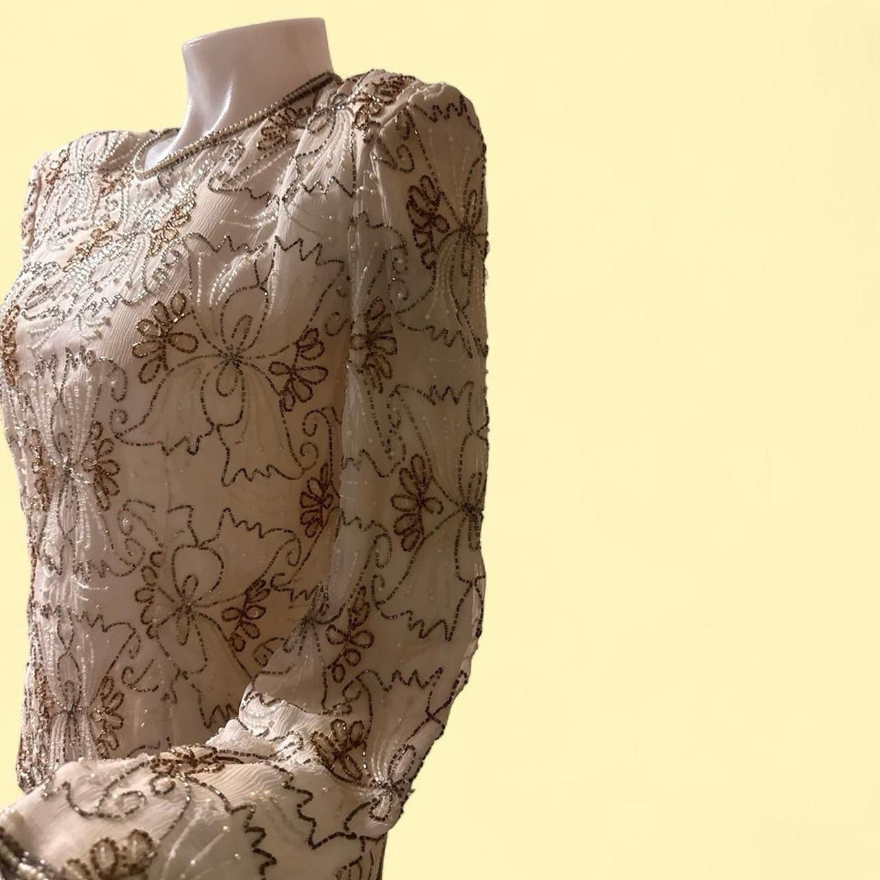 VTG Stunning Cream And Gold Beaded Blouse Size L Bridal Formal Cocktail