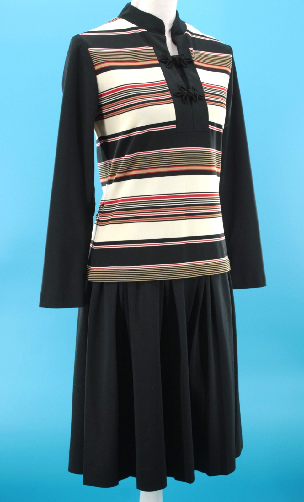 VTG Women’s 60s Black Cream & Red Striped Drop Waist Midi Dress Sz M 1960s