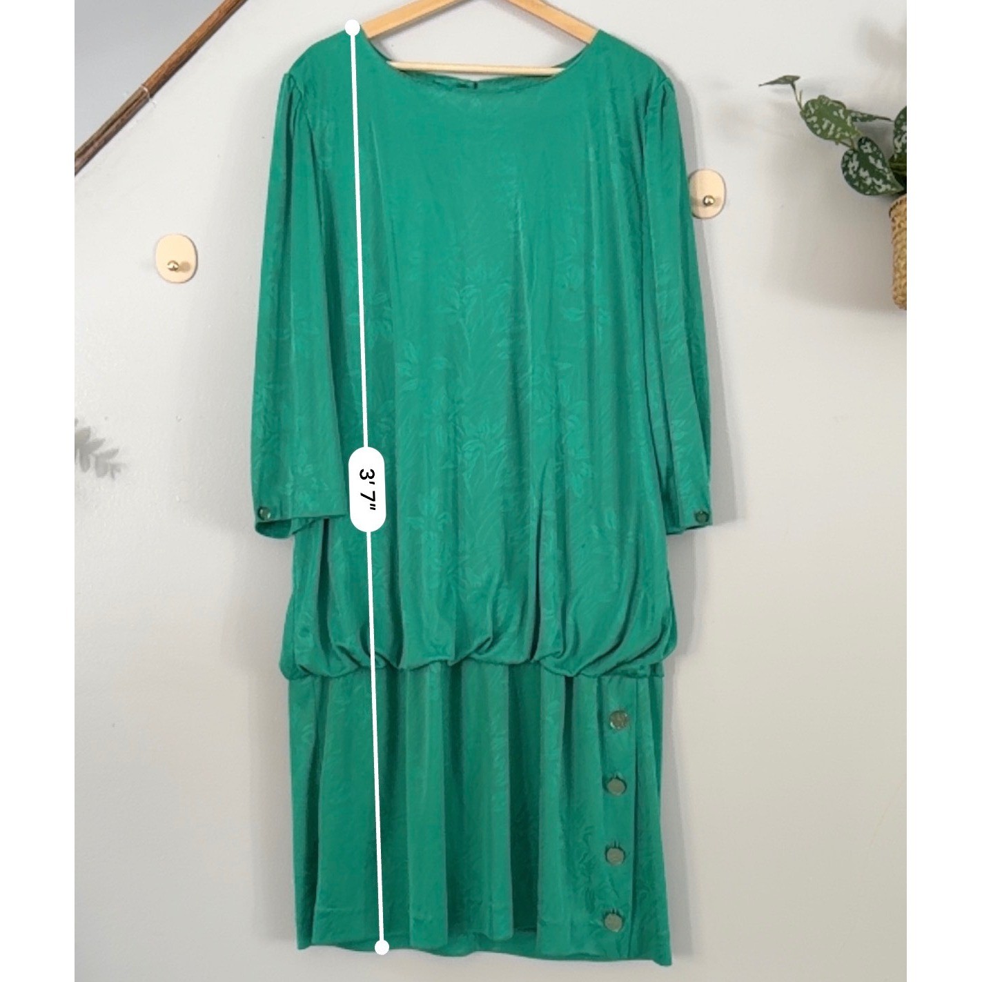 Jenny Vtg Dress Emerald Green Jewel Regency Floral Jacquard Drop Waist Blouson