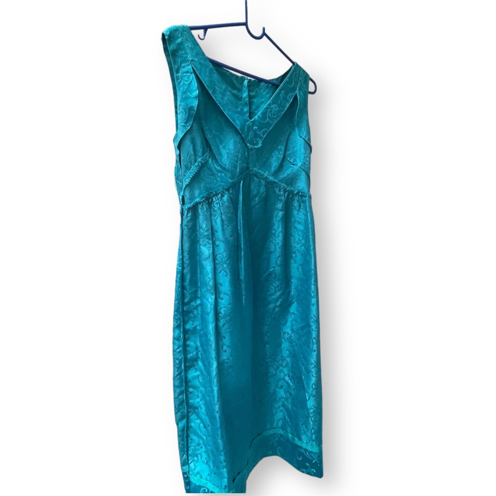 1960’s Empire Waist Teal Blue Chinese Floral Brocade Sleeveless Dress With Bows
