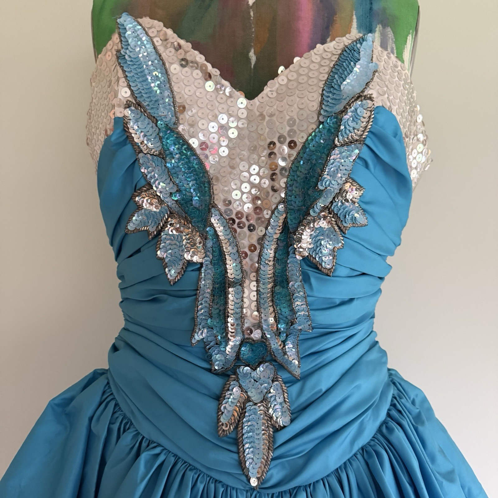 Vintage Alyce Designs 1980s Blue Taffeta Sequin Peplum Prom Dress