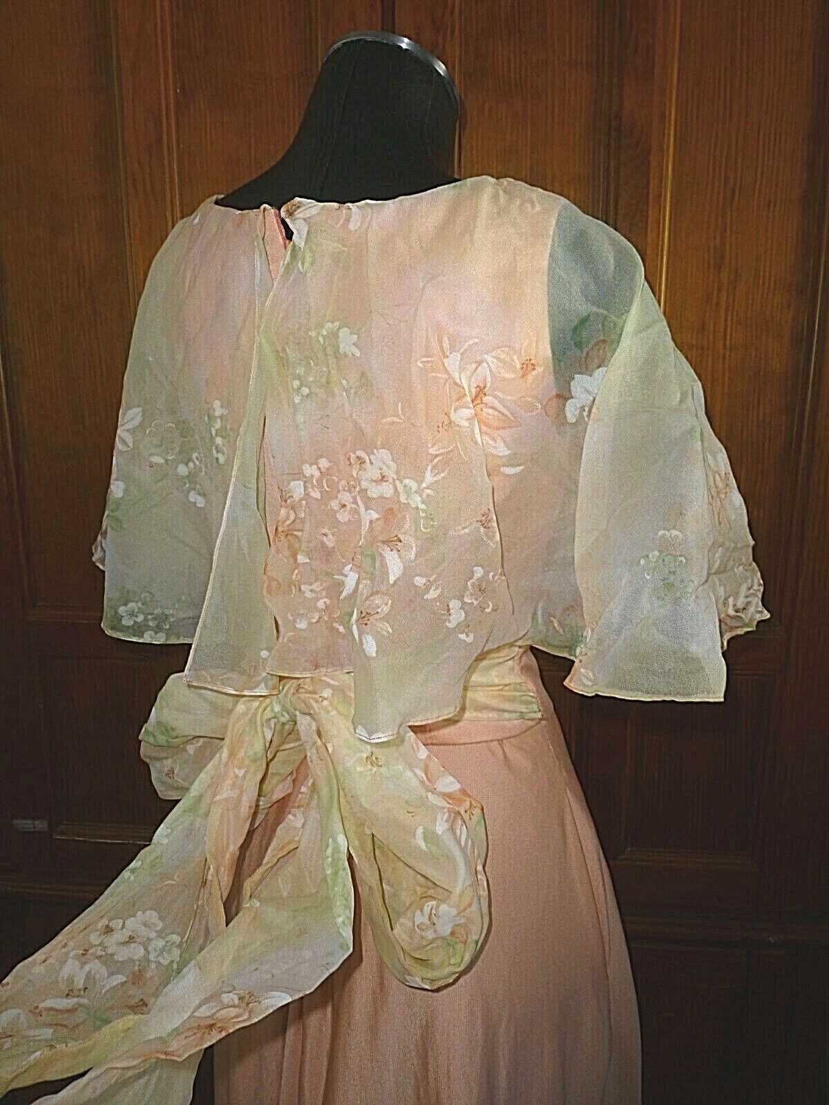 Vtg 70s Jersey Matte Cape Ruffle Floral Chiffon Boho Evening Wedding maxi Dress