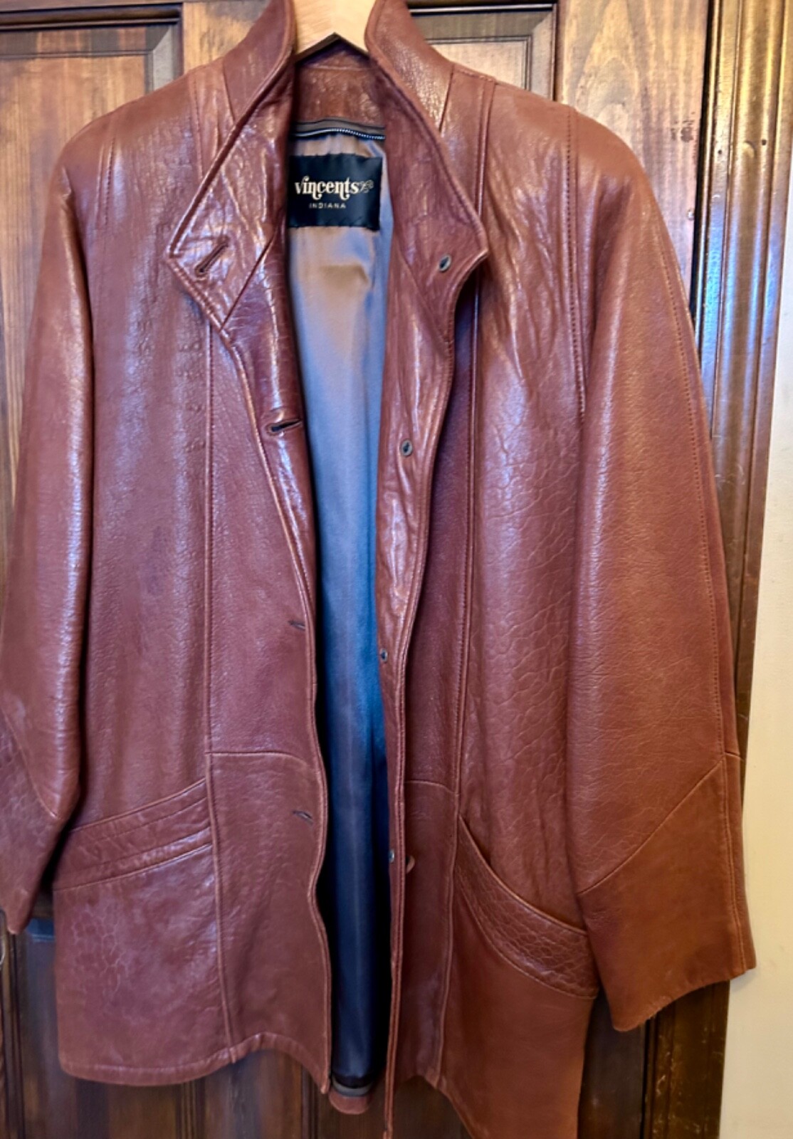Vintage Women’s Brown Leather Slouch Car Coat Jacket SZ M 44” Vincent’s Indiana