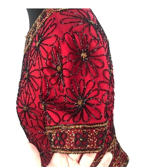 VTG Red/Black/Gold Stunning 90’s Adrianna Papell Evening Silk Beaded Top Sz XL