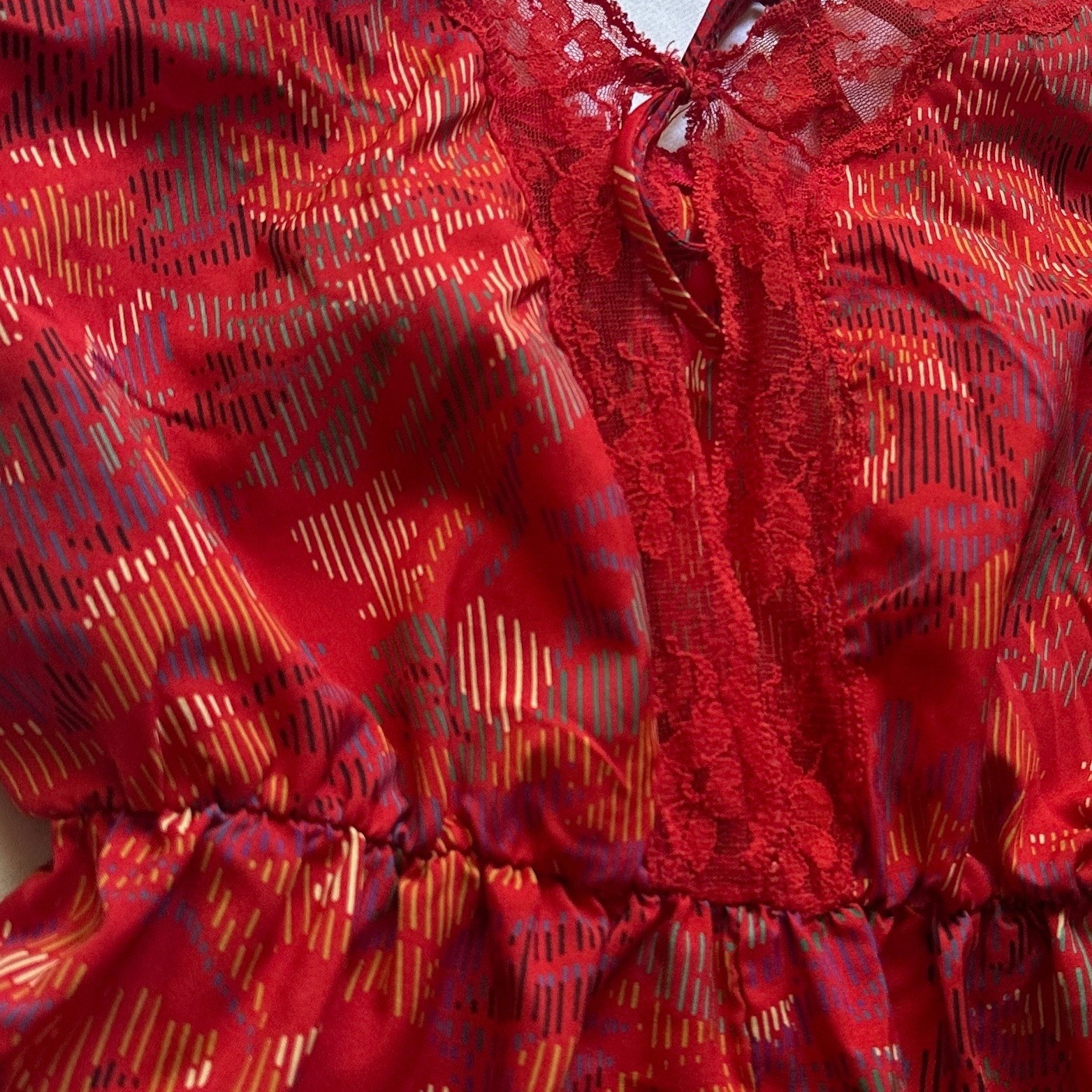 Blush Vintage Red Multicolor Print Lace Cutout Lace Trim Bodysuit Teddy Small