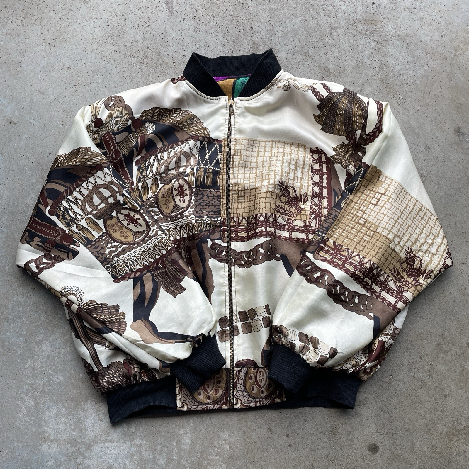 Rare Vintage 80’s Reversible Silk Picasso Art Bomber Jacket Woman’s XL Padded