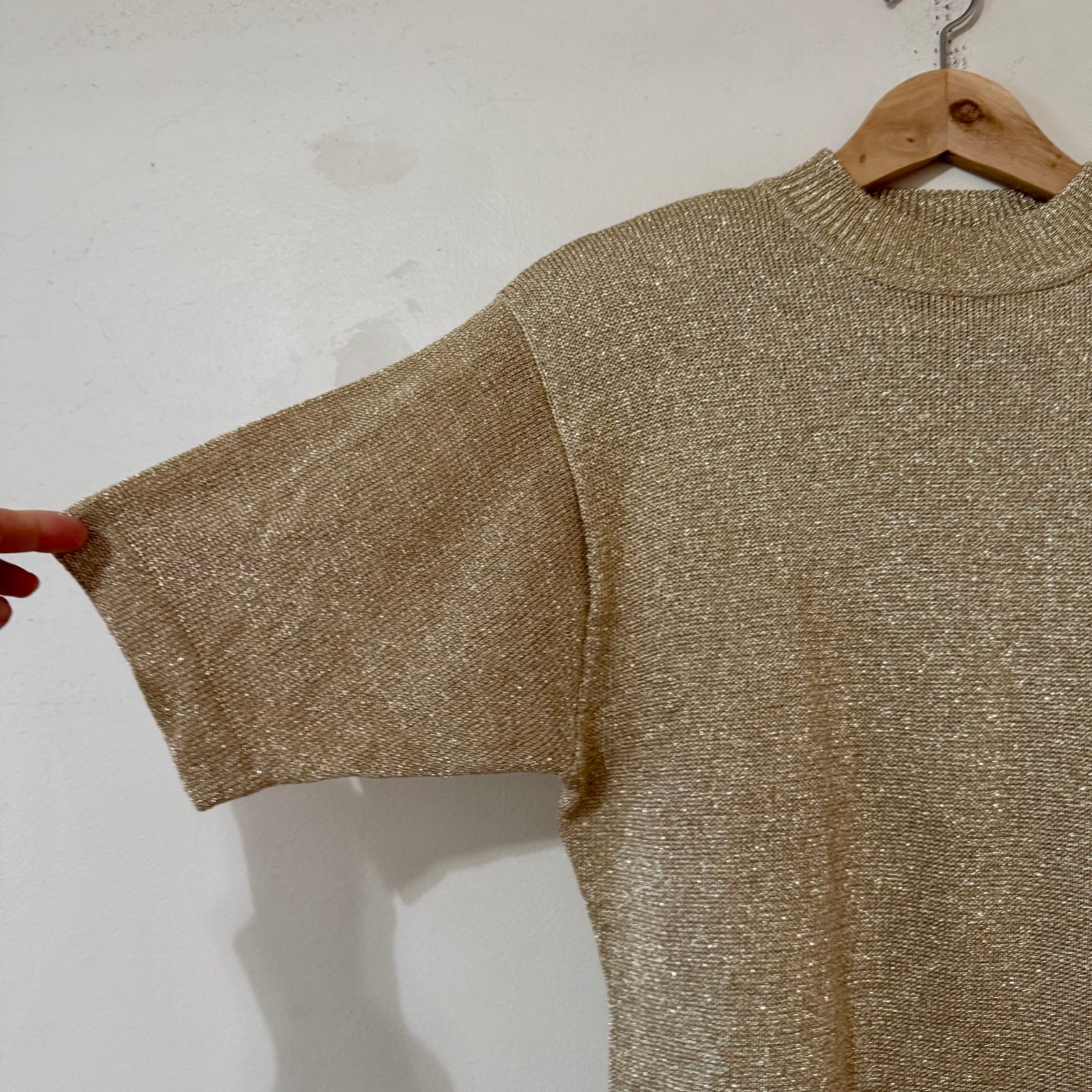 Vintage 80s Gold Glitter Metallic Blouse Knit Top Shirt Size Medium