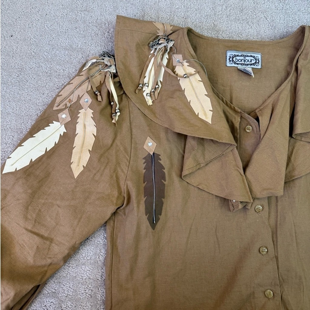 Vintage Bonjour Feather Embellished Blouse Native American Buffalo Western