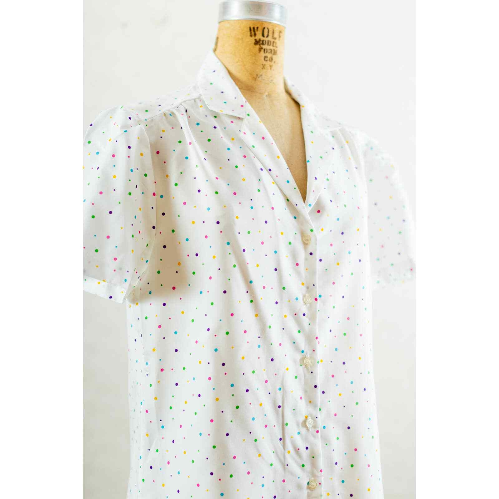 Vintage 80s Colorful Confetti Dot Blouse, Silky Polyester, Button Front, Med Lg