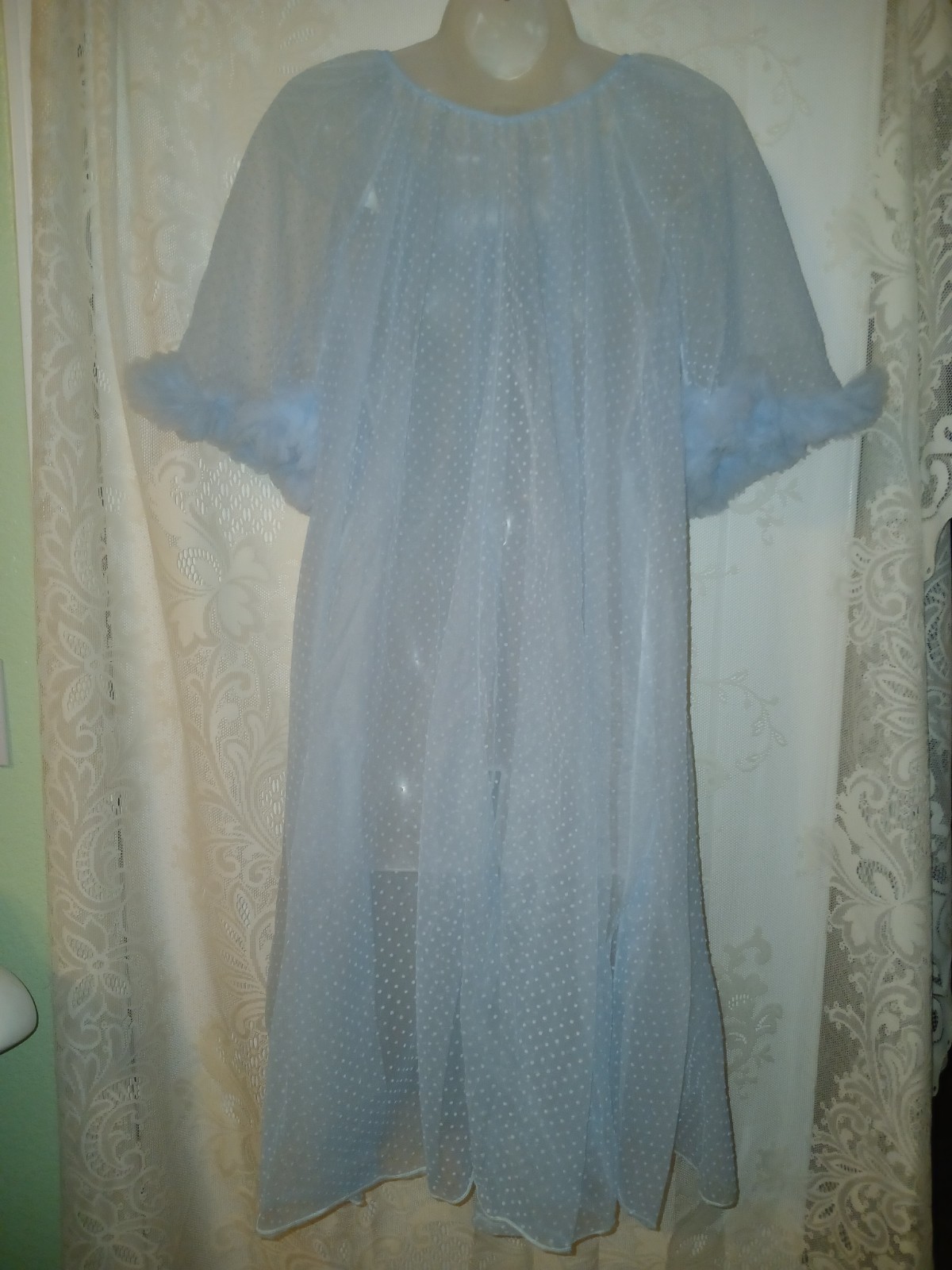 Vintage 50s Lisette Blue Flocked Swiss Dot Sheer Nylon Ruffled Peignoir Robe EUC