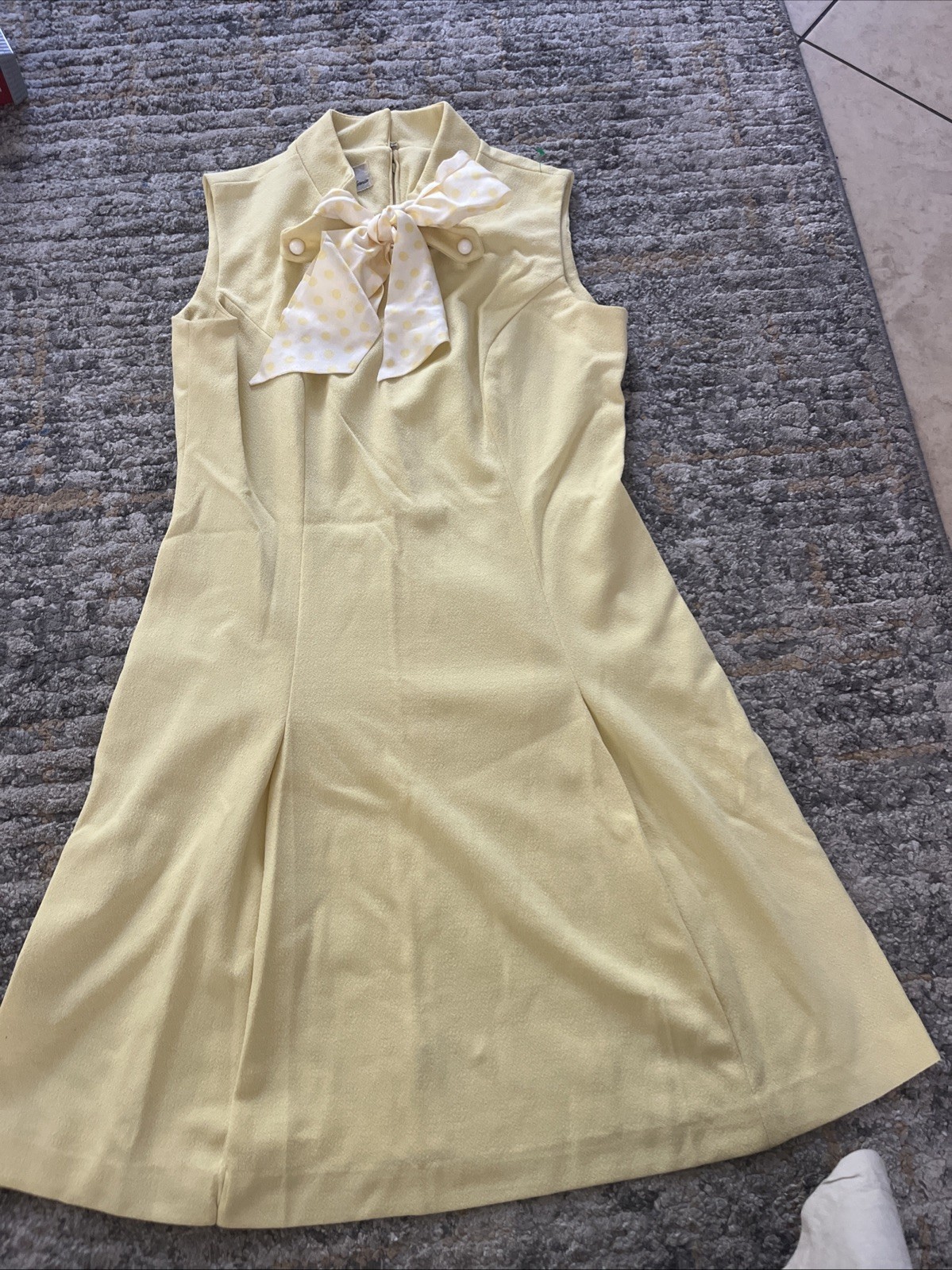 Vintage 1960s JSE California Polka Dot Scarf Butter Yellow A-Line Dress With Zip