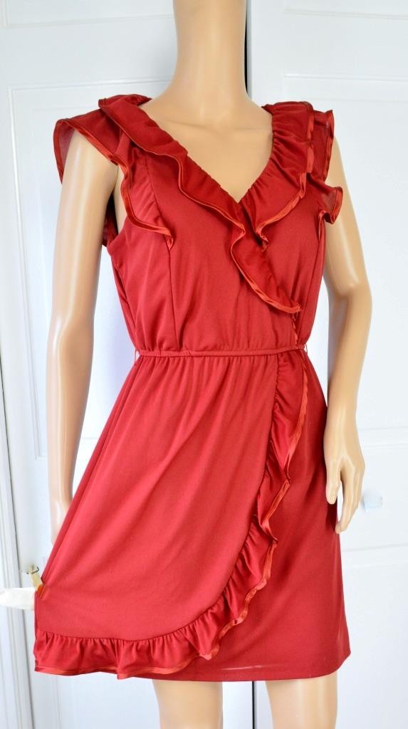 VTG 80s Teeze Me Burnt Orange Mini Sheer Mesh Salsa Flutter Ruffle Deep V Dress