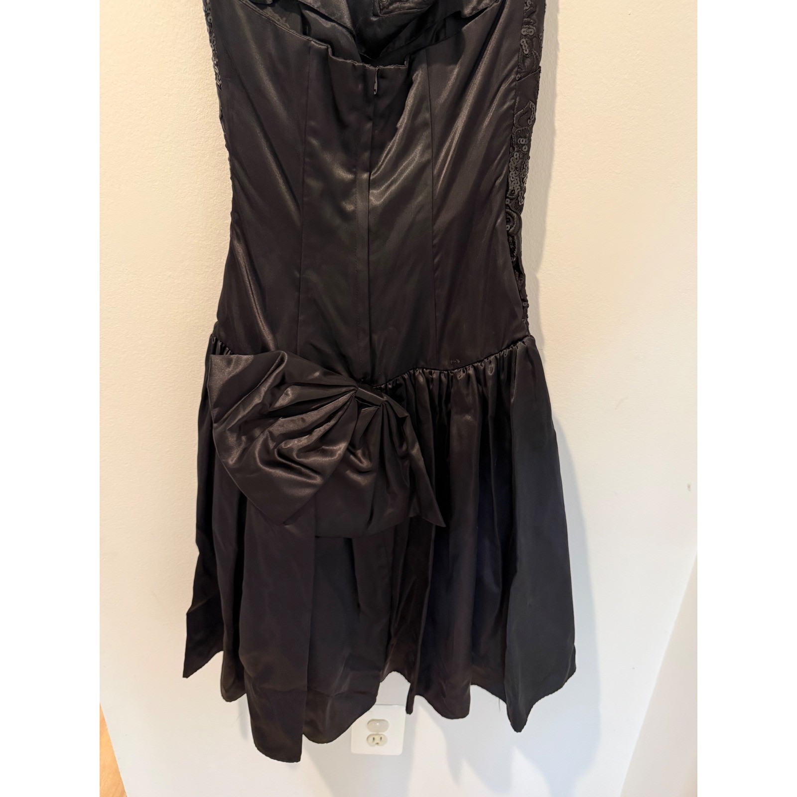 Vintage 80s Gunne Sax Jessica McClintock Black Sequin Lace Strapless Bow Dress