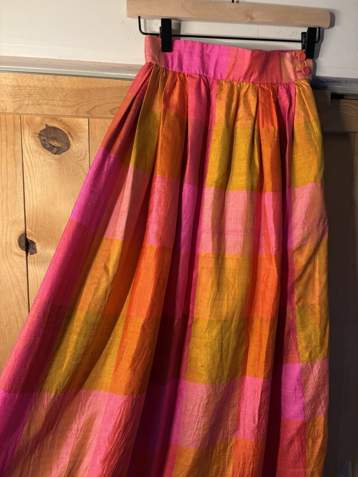 1970s vivid orange and pink plaid maxi skirt Waist 23” 3XS-2XS RETRO MAGIC