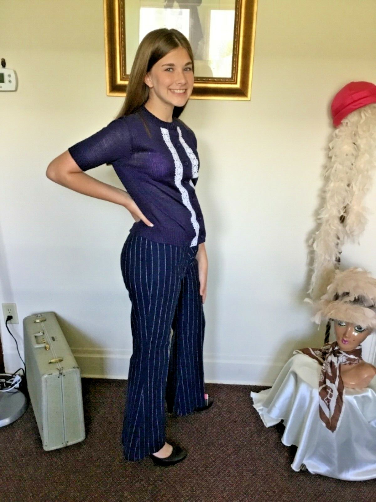 70’s Vintage Navy Blue Hippie White Striped Wide Leg Bell Bottom Pants „NWT”